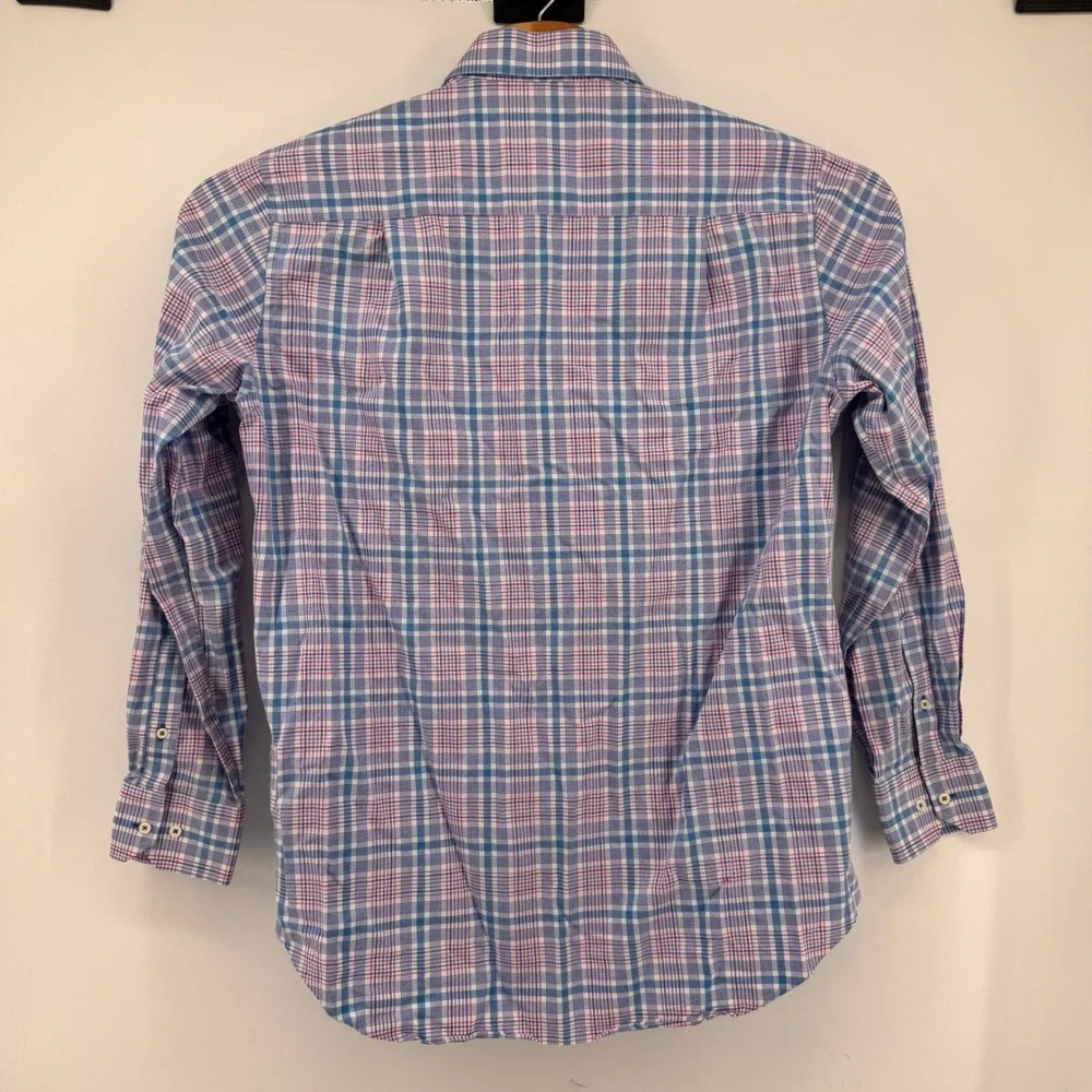 David Donahue Button Down Men L Blue Pink Plaid Cotton Long Sleeve Dress Shirt